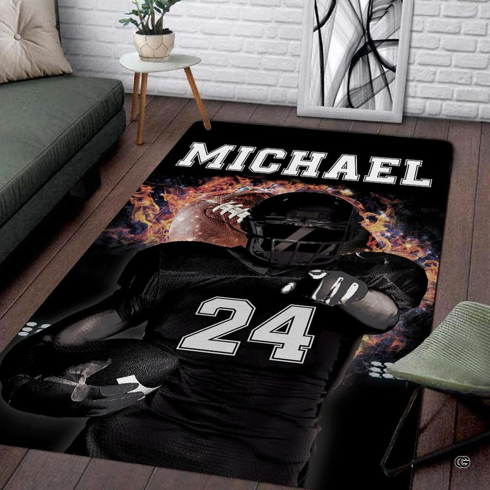 American football athlete in dark helmet thematic accent fiery blaze background on area rug