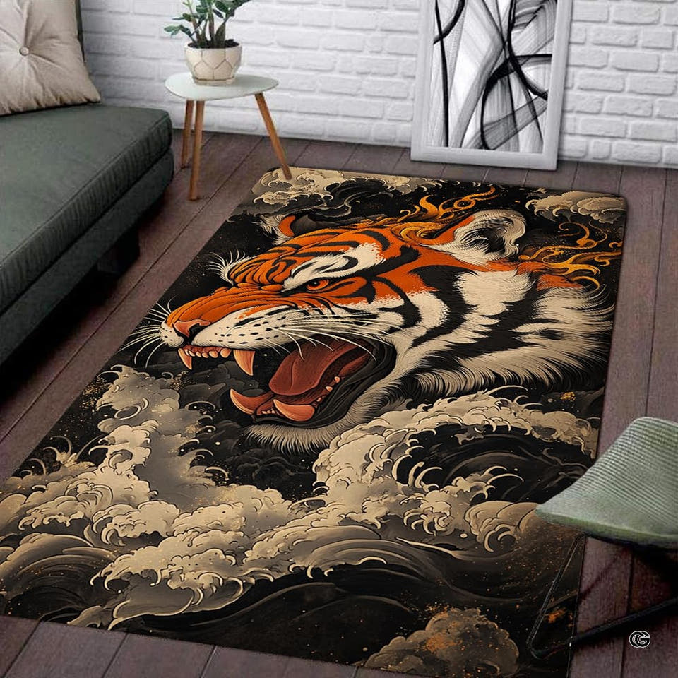 Japanese irezumi roaring tiger waves living room area rug in front of a modern couch