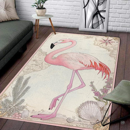 Vintage coastal bird rug displayed in a maritime living room with wooden furniture and seaside decor. - thumbnail image 3 of 7