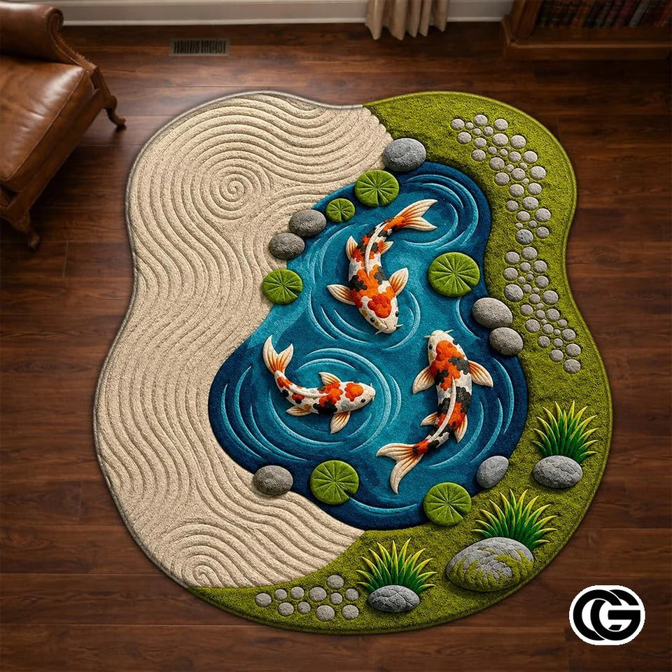 Custom Koi Fish Welcome Mat with 3D Pond and Lotus