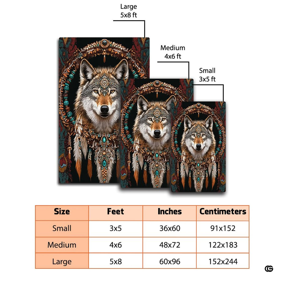 Mockup display showing the turquoise wolf rug placed near living room furniture