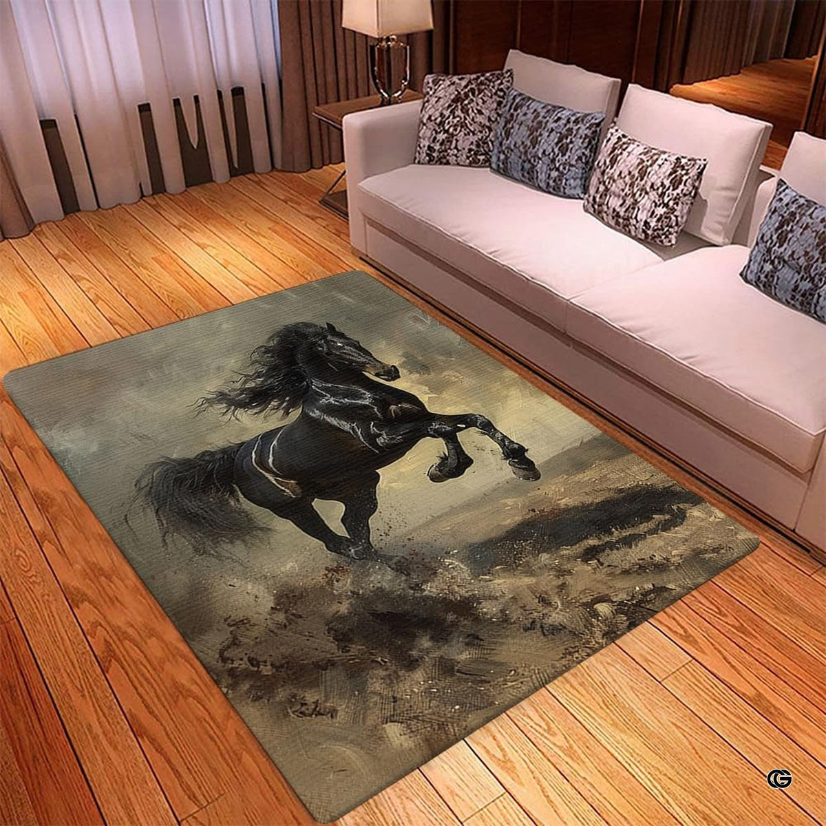 Soft low-pile microfiber surface texture on black stallion wildlife area rug
