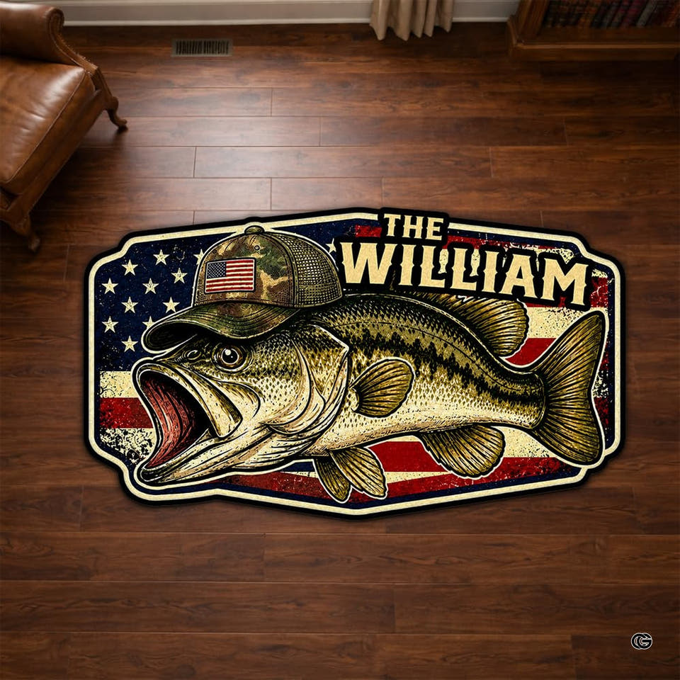 Camo cap largemouth bass american flag shaped area rug in primary perspective