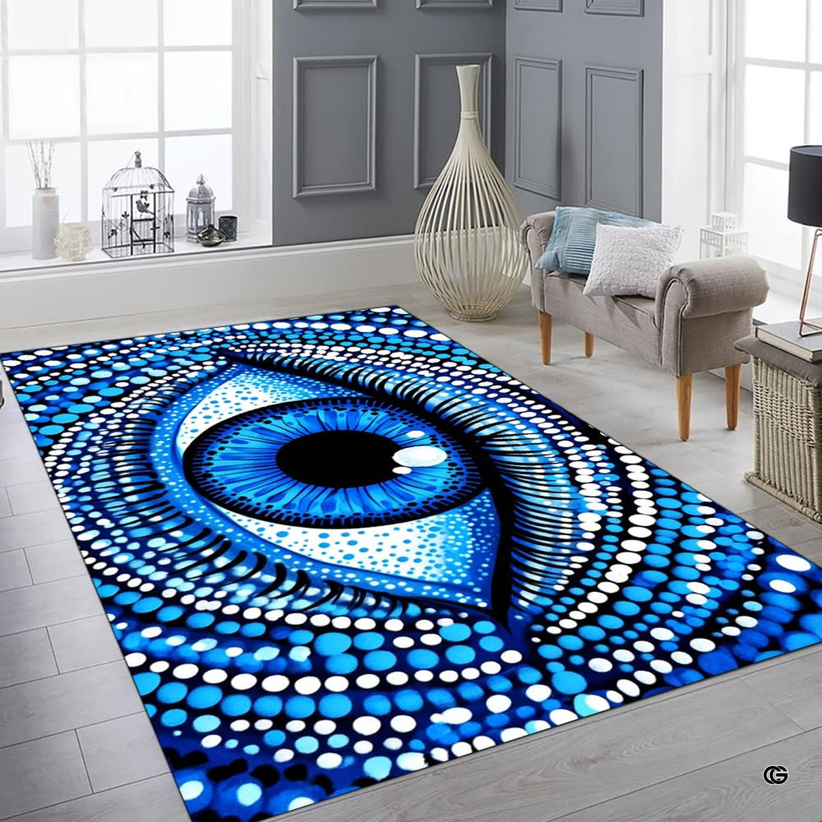 Bright modern sitting room featuring the vibrant blue dotted nazar evil eye rug and decorative vases - image 6 of 8
