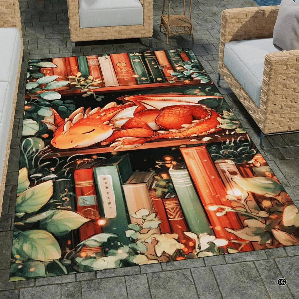 Sleeping book dragon bookshelf library fantasy area rug on outdoor patio pavers