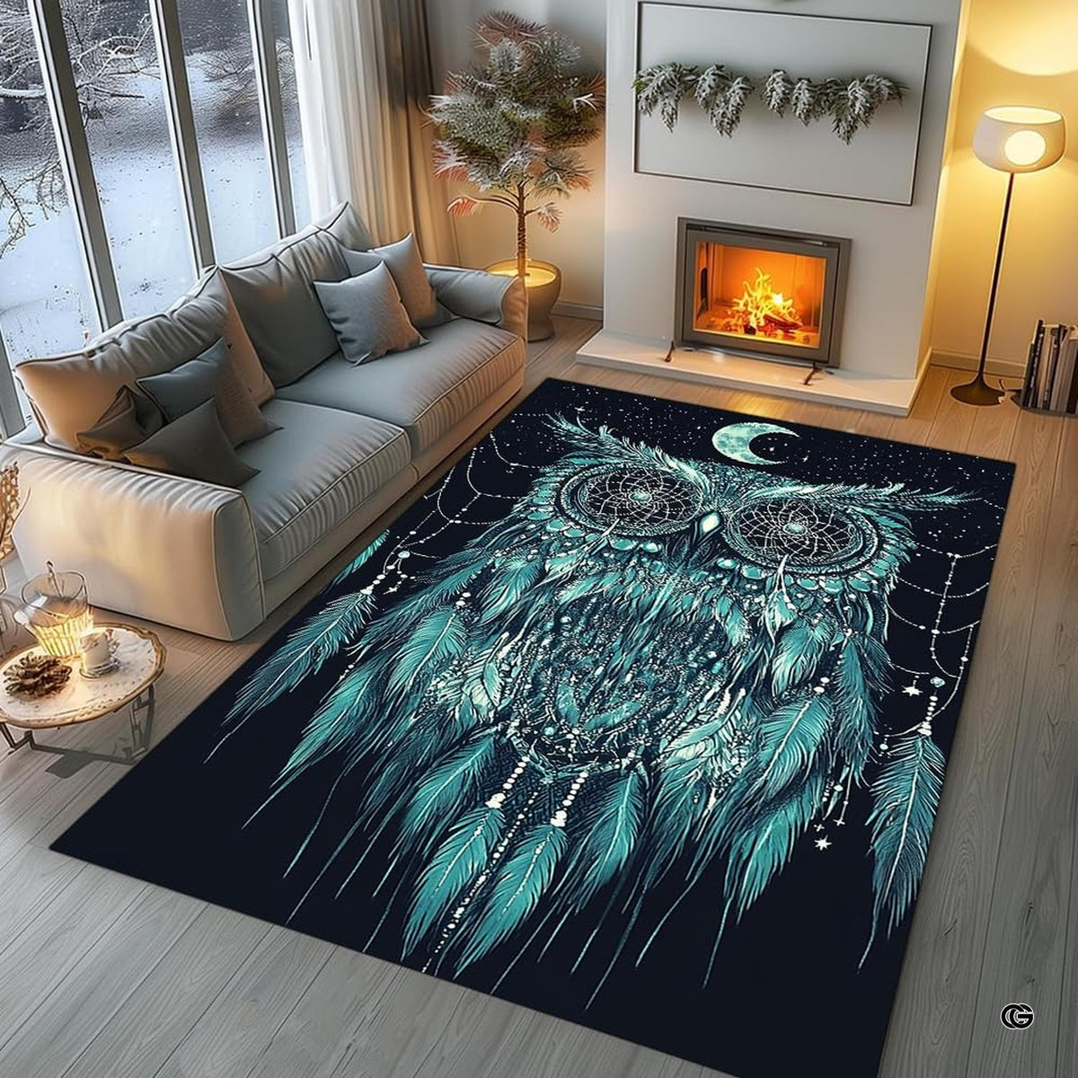 Angled view highlighting intricate dreamcatcher webbing and dangling feather artwork on rug. - image 7 of 8