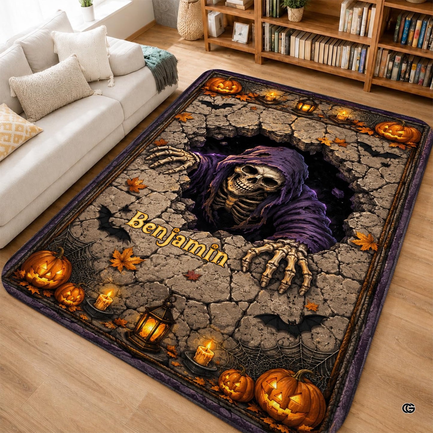 Personalized Witch Area Rug with Name - Custom Halloween Rug, Black Cat & Raven Floor Carpet, Spooky Gothic Home Decor, Non Slip Rugs (Style 8)