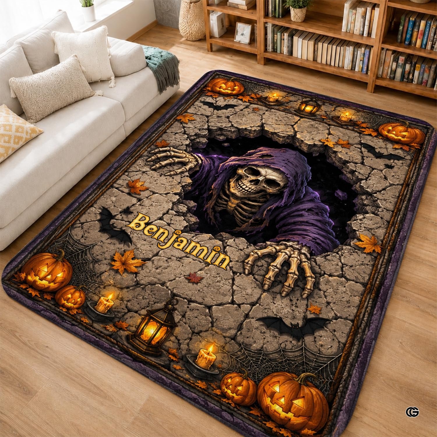 Personalized Witch Area Rug with Name - Custom Halloween Rug, Black Cat & Raven Floor Carpet, Spooky Gothic Home Decor, Non Slip Rugs (Style 8)