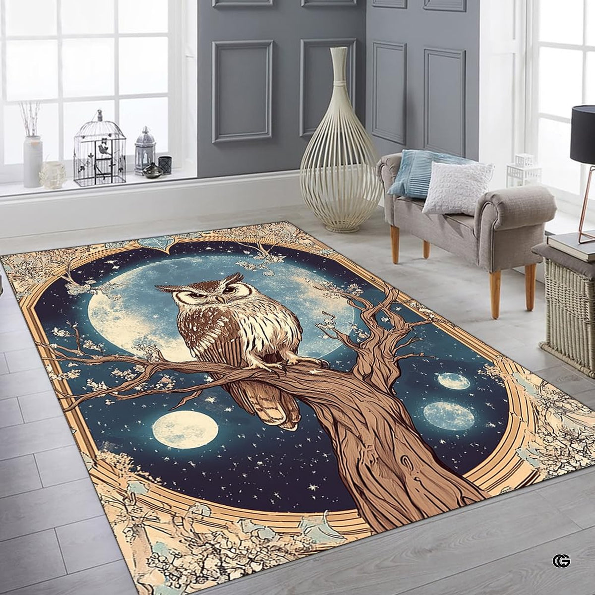 Dimensions and sizing chart for Art Nouveau celestial owl living room area rug