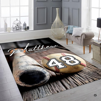 Baseball athletic area rug showcased in a vintage game room setting alongside rustic timber decor elements. - thumbnail image 6 of 8