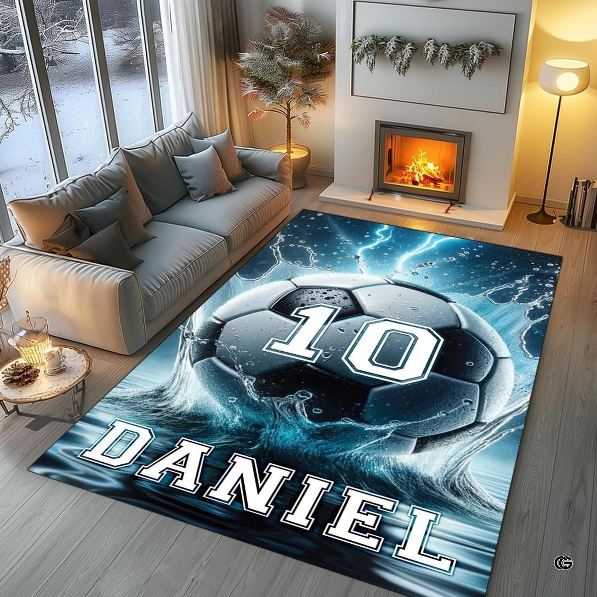 Angled view highlighting athletic jersey numbering and vivid splash graphics on an accent rug. - image 5 of 8
