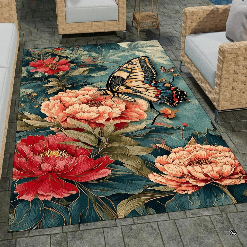 Vintage botanical area rug showcasing crimson peonies, swallowtail butterfly, and teal background.