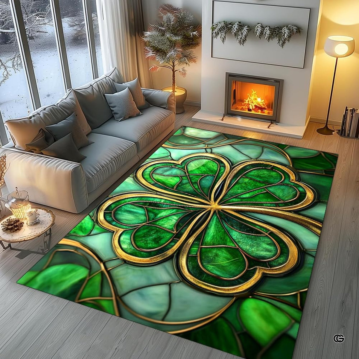Intricate mosaic green background detail on botanical clover art floor rug.