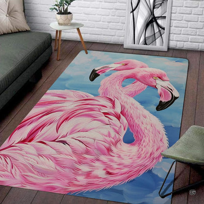 Romantic pink flamingo pair blue water living room area rug with entwined curving necks - thumbnail image 1 of 7