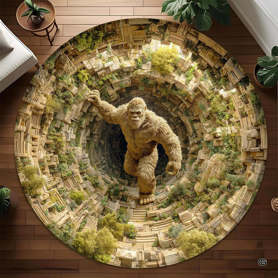 Round Yeti rug climbing through ancient overgrown ruins