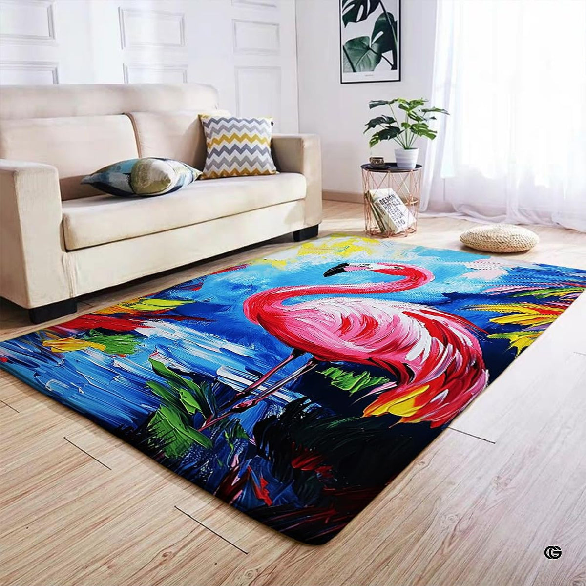 Living room seating arrangement with roaring fireplace and pink flamingo rug on light hardwood