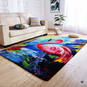 Living room seating arrangement with roaring fireplace and pink flamingo rug on light hardwood - thumbnail image 5 of 7