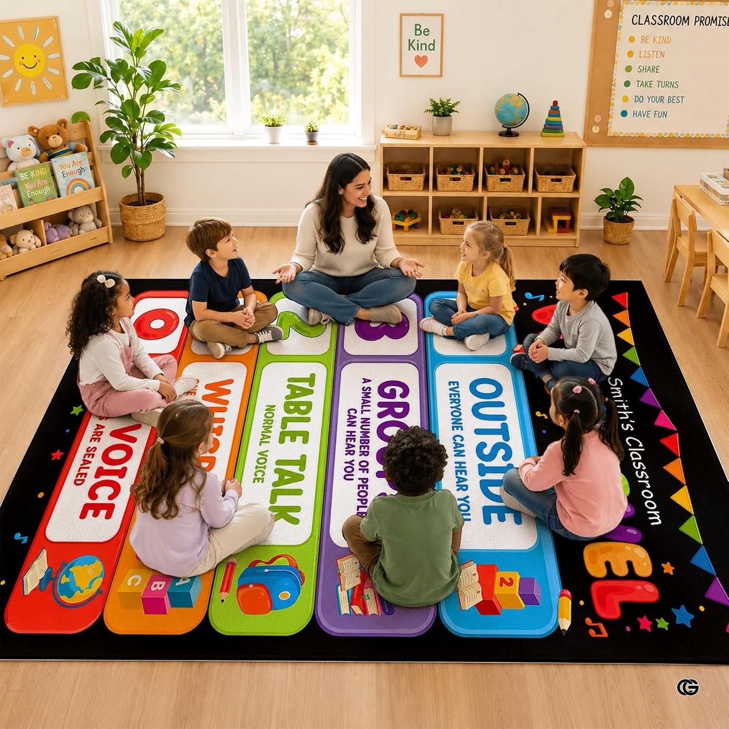 Personalized Teachers Classroom Rug, Custom Teacher Name Classroom Rules Area Rug, Feeling Chart Calming Corner Mat, Kindergarten Educational Back to School Class Decor (D5)
