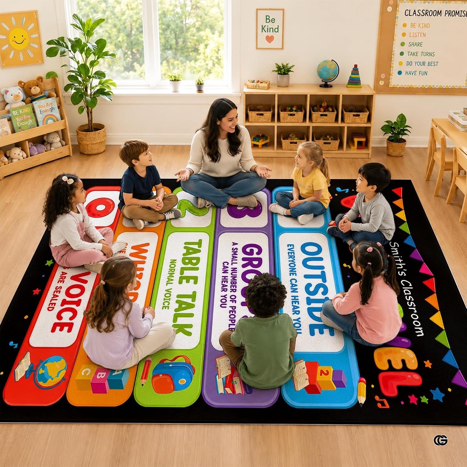Personalized Teachers Classroom Rug, Custom Teacher Name Classroom Rules Area Rug, Feeling Chart Calming Corner Mat, Kindergarten Educational Back to School Class Decor (D5)