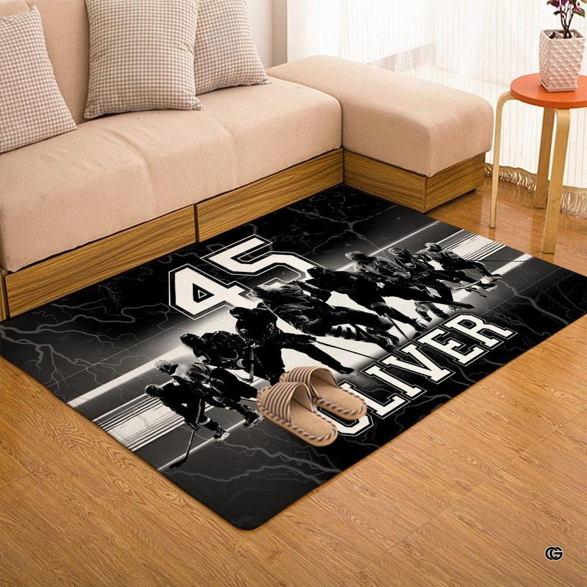 Monochrome hockey area rug displaying silhouetted players and dynamic speed motion trails on dark charcoal.
