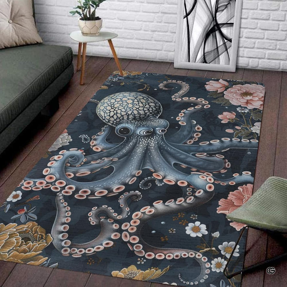Vintage octopus area rug with curling tentacles and pink peonies on dark navy ground.