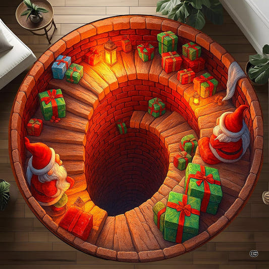 Round 3D Santa rug with brick shaft illusion, gifts, and glowing lanterns