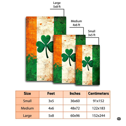 Dimensions and sizing chart for vintage Irish flag shamrock area rug - thumbnail image 2 of 8