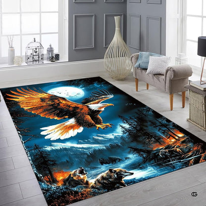 Wilderness eagle and wolf floor carpet displayed in cozy room interior - thumbnail image 6 of 7