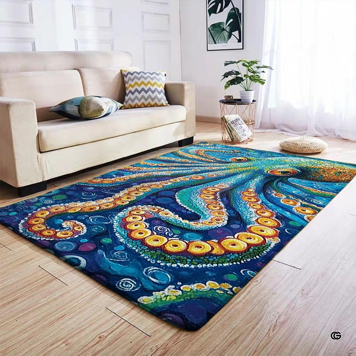 Coastal styled living room decorated with a colorful octopus sea creature carpet as the floor focal point. - image 4 of 7