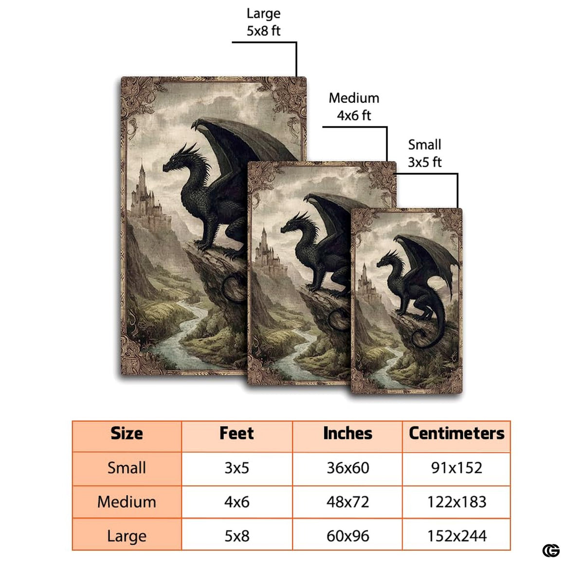 Dramatic black winged dragon perched on a high cliff overlooking an ancient fantasy castle and river valley area rug.