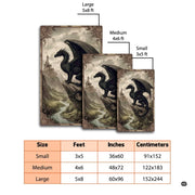 Dramatic black winged dragon perched on a high cliff overlooking an ancient fantasy castle and river valley area rug. - thumbnail image 6 of 8