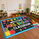 Personalized Teacher Classroom Rug, Custom Back to School Welcome Mat with Name, Kindergarten Preschool Elementary Decor, Composition Notebook Carpet (A12)