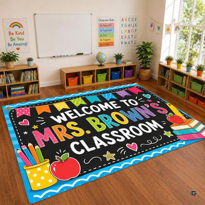Personalized Teacher Classroom Rug, Custom Back to School Welcome Mat with Name, Kindergarten Preschool Elementary Decor, Composition Notebook Carpet (A12)
