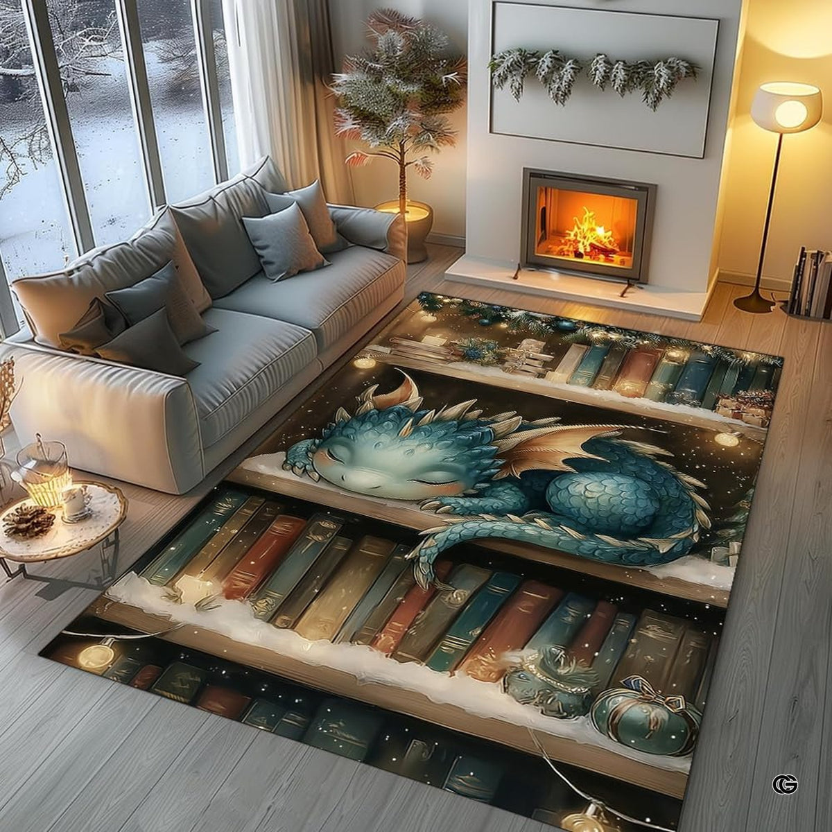Cute baby blue dragon sleeping on a snow-dusted library bookshelf with warm festive fairy lights area rug. - image 5 of 8