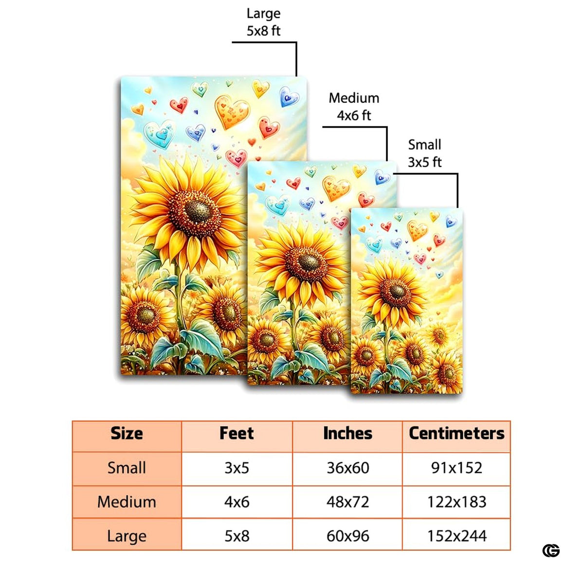 Sunflower area rug for under dining table showcasing vibrant yellow petals and stylized floating hearts in room layout. - image 2 of 8