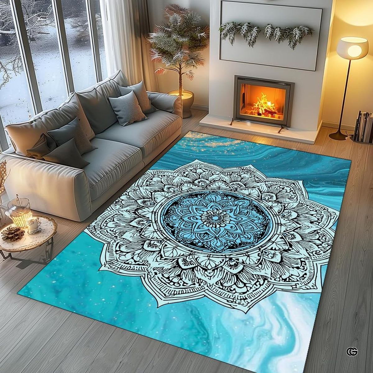 Detailed view of fluid ocean blue marbling and gold shimmer accents on circular mandala floor art