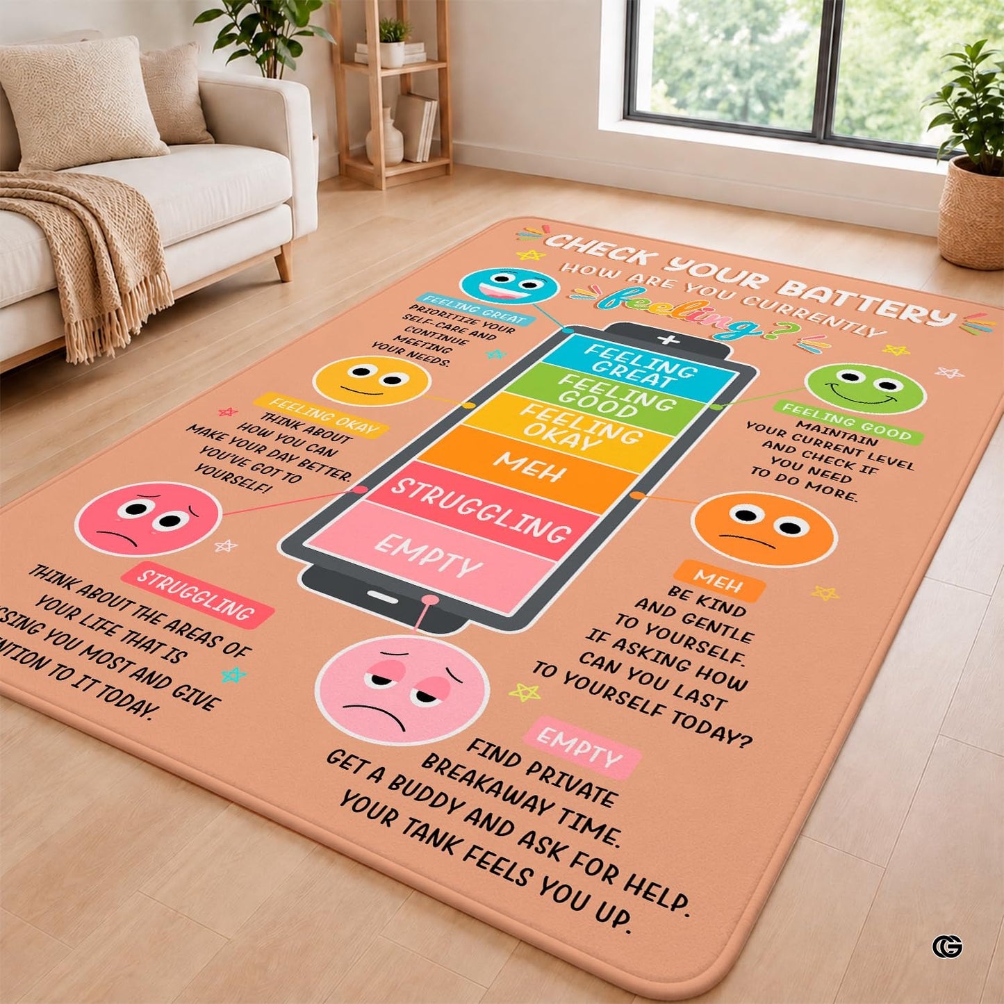 Personalized Calming Corner Rug for Classroom, Custom Teacher Name Reading Corner Rug, Emotions Feelings Carpet, Soft Fluffy Calm Corner Decor for School Reading Nook (Battery Theme)