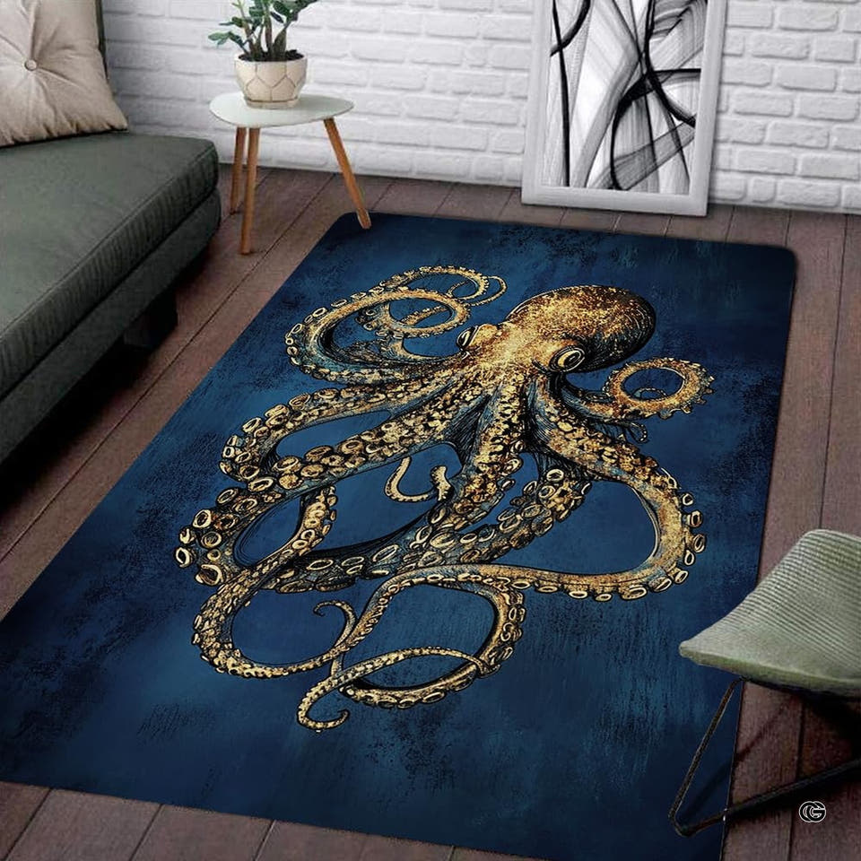 Vintage nautical gold octopus living room area rug with detailed tentacles on textured navy background
