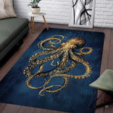 Vintage nautical gold octopus living room area rug with detailed tentacles on textured navy background