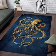 Vintage nautical gold octopus living room area rug with detailed tentacles on textured navy background - thumbnail image 1 of 7