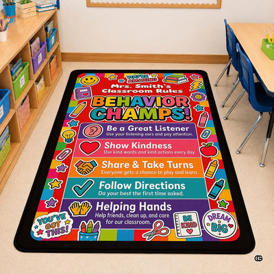 Personalized Teachers Classroom Rug, Custom Teacher Name Classroom Rules Area Rug, Feeling Chart Calming Corner Mat, Kindergarten Educational Back to School Class Decor (D6)