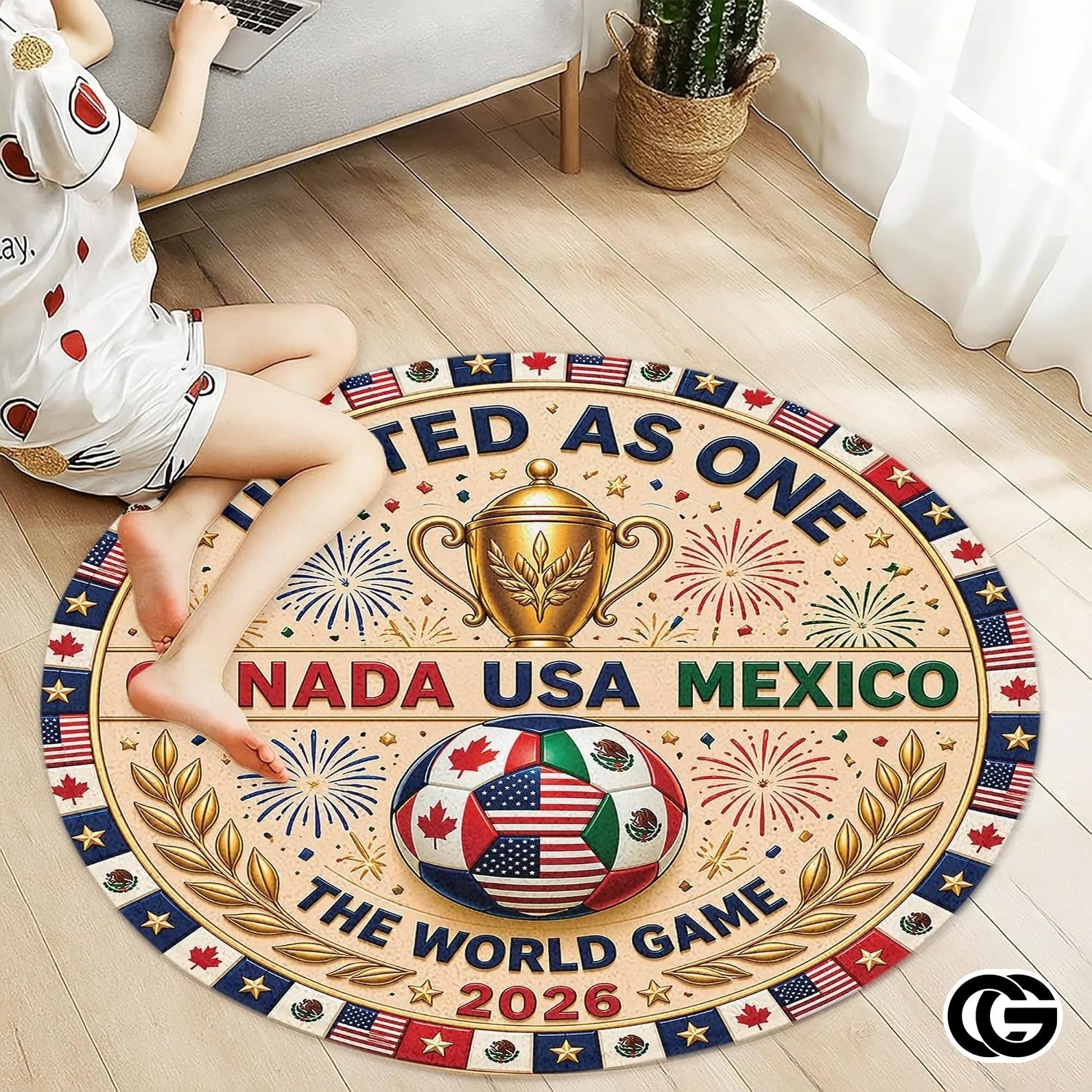 Custom Soccer Round Rug with Championship Trophy and Flags - D10