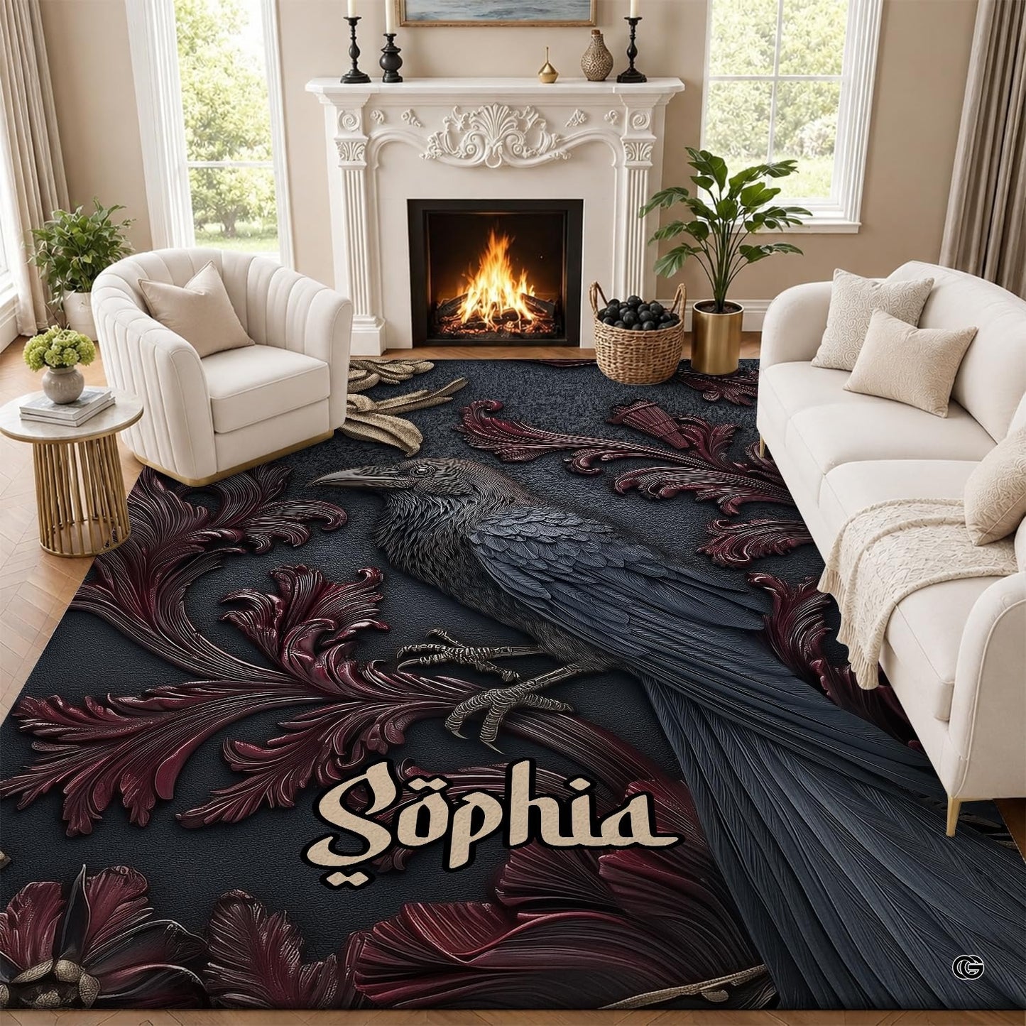 Personalized Witch Area Rug with Name - Custom Halloween Rug, Black Cat & Raven Floor Carpet, Spooky Gothic Home Decor, Non Slip Rugs (Style 1)