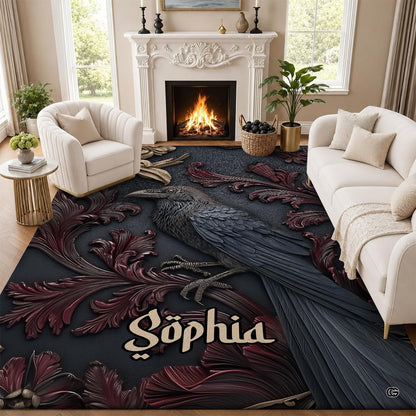 Personalized Witch Area Rug with Name - Custom Halloween Rug, Black Cat & Raven Floor Carpet, Spooky Gothic Home Decor, Non Slip Rugs (Style 1)