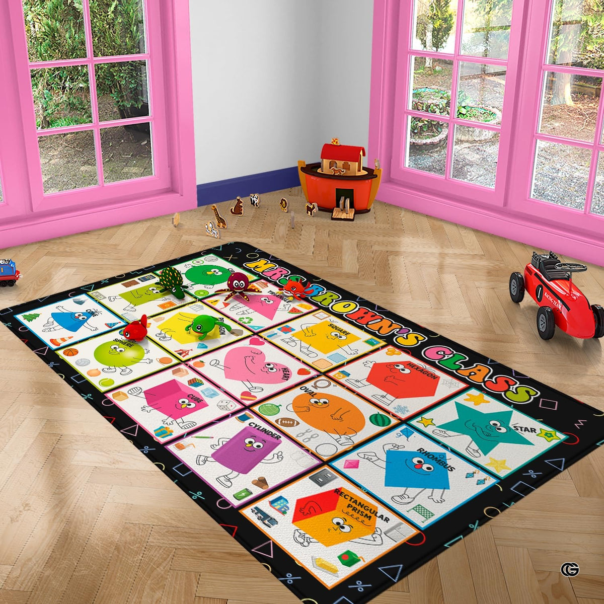 Infographic showing the non-skid dot backing and durable edge hem of the classroom accent rug - image 4 of 9
