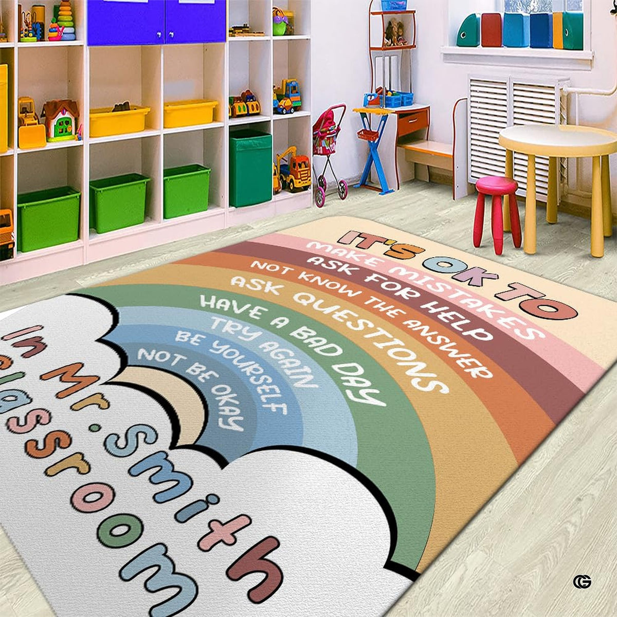 Preschool playroom setting with storage cubbies displaying the rainbow rug - image 2 of 7