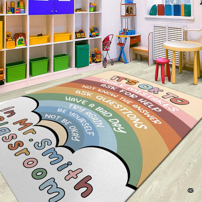 Preschool playroom setting with storage cubbies displaying the rainbow rug - thumbnail image 2 of 7