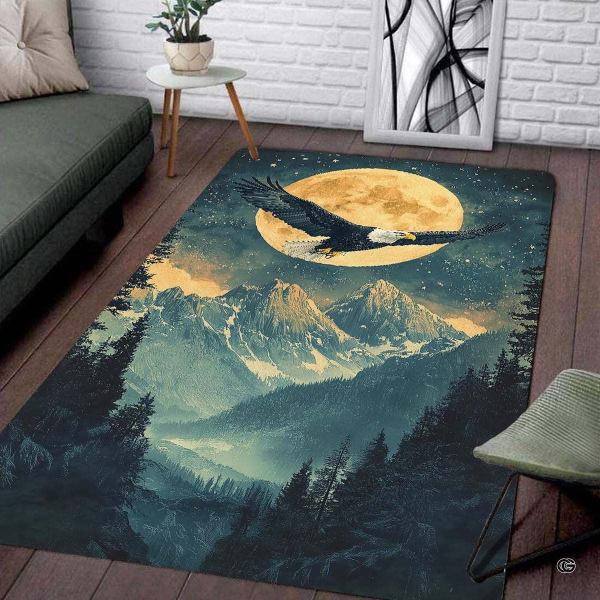 Full view of the majestic eagle mountain wildlife area rug centered across open living room floor. - image 7 of 7