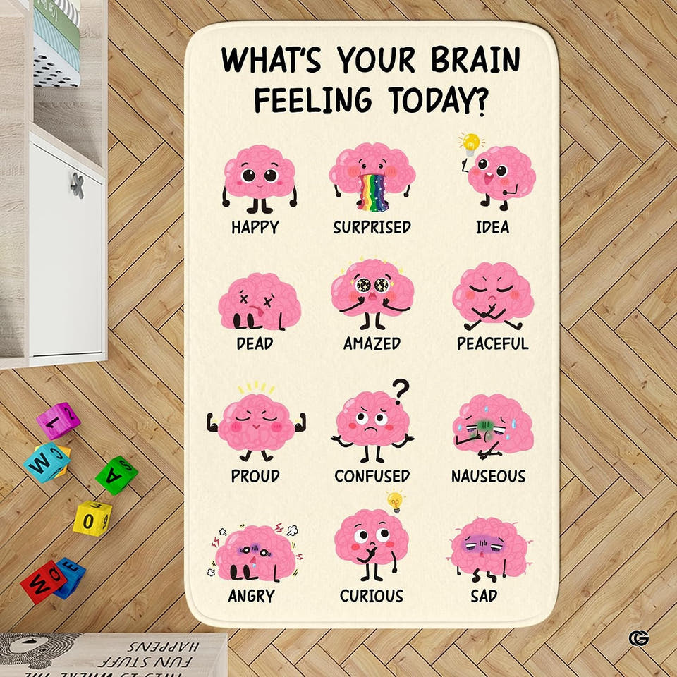 Classroom hardwood floor setting displaying the feelings brain emotion check-in area rug
