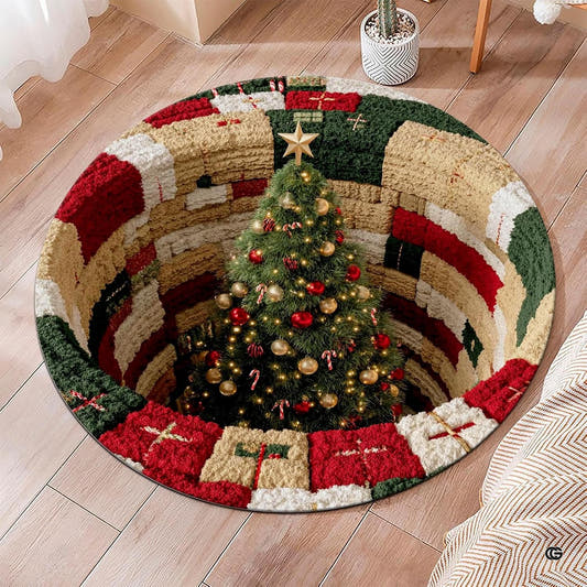 Round Christmas rug with decorated tree and stacked-gift pit illusion